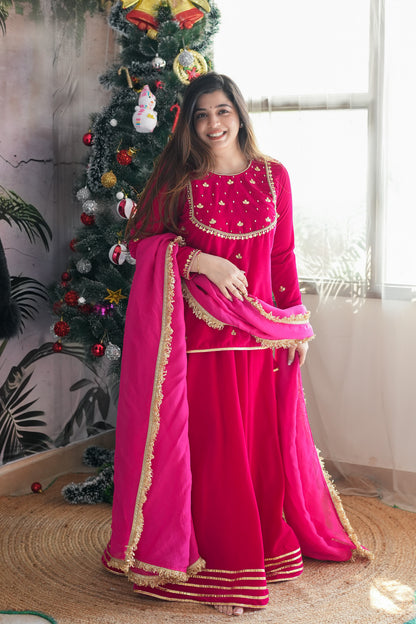 Raeth Pink Velvet Short Shirt Lehenga