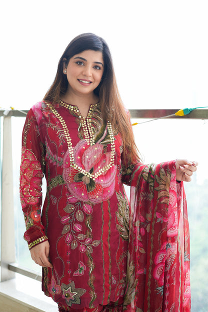 Jeha Red Floral Print Sharara Set