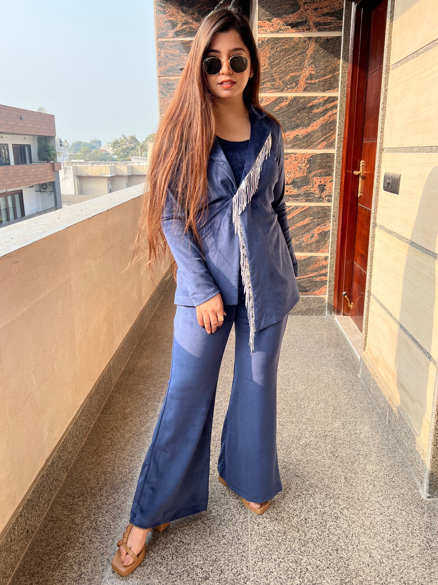 Renne Blue Velvet Three Piece Set