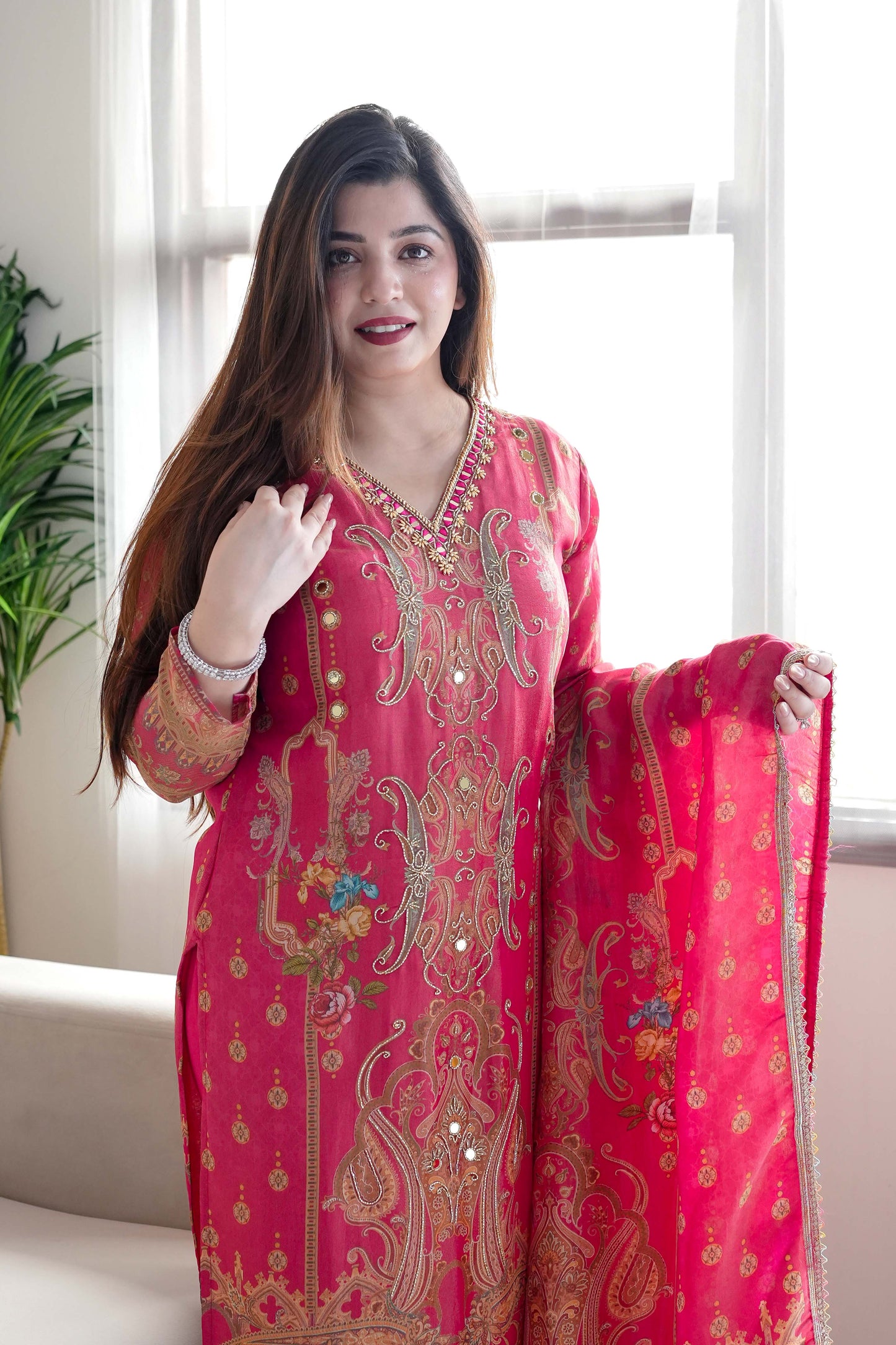 Iftar Red Digital Print Suit Set