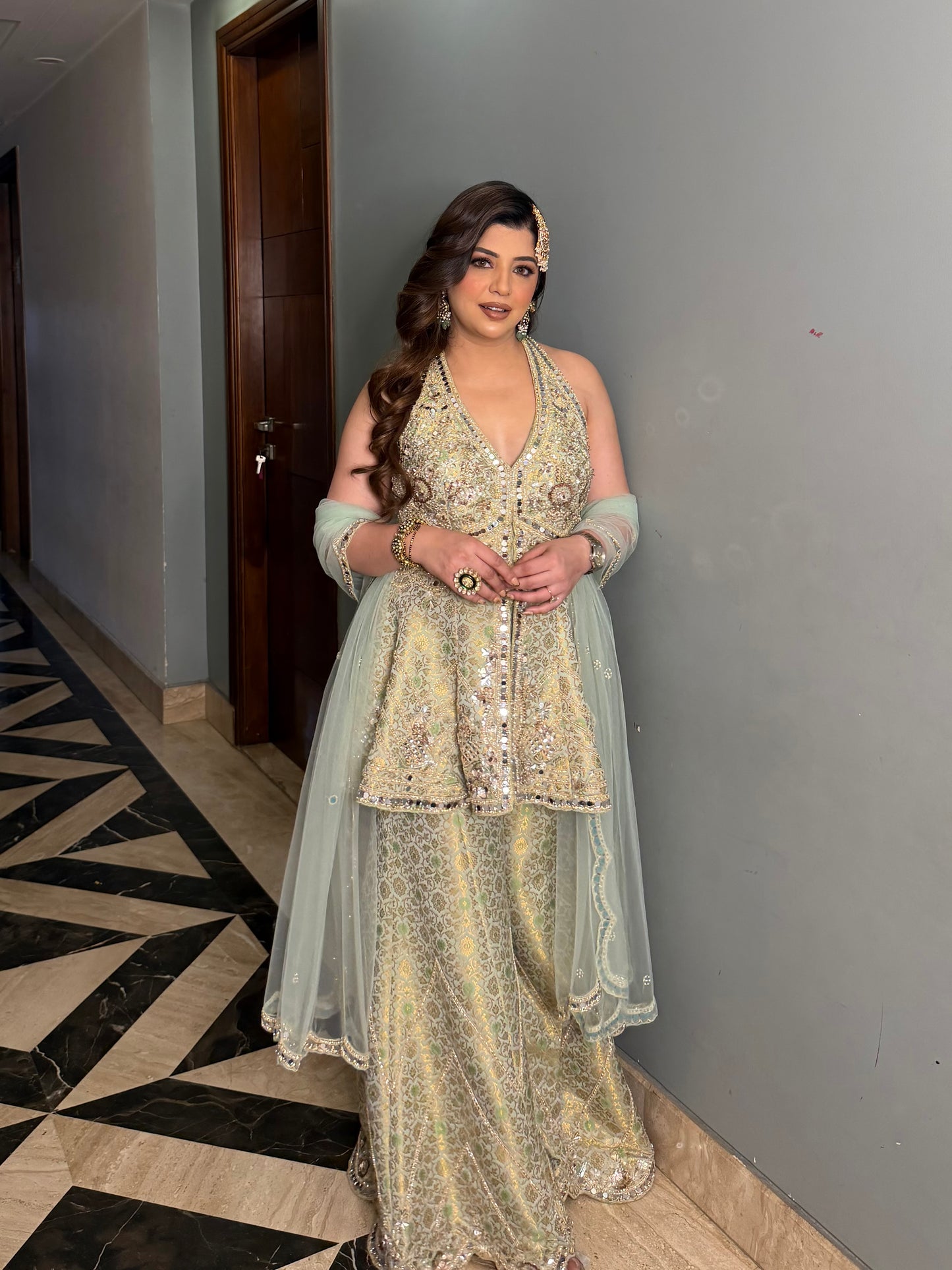 Hiral Mirror Work Halter Neck Suit