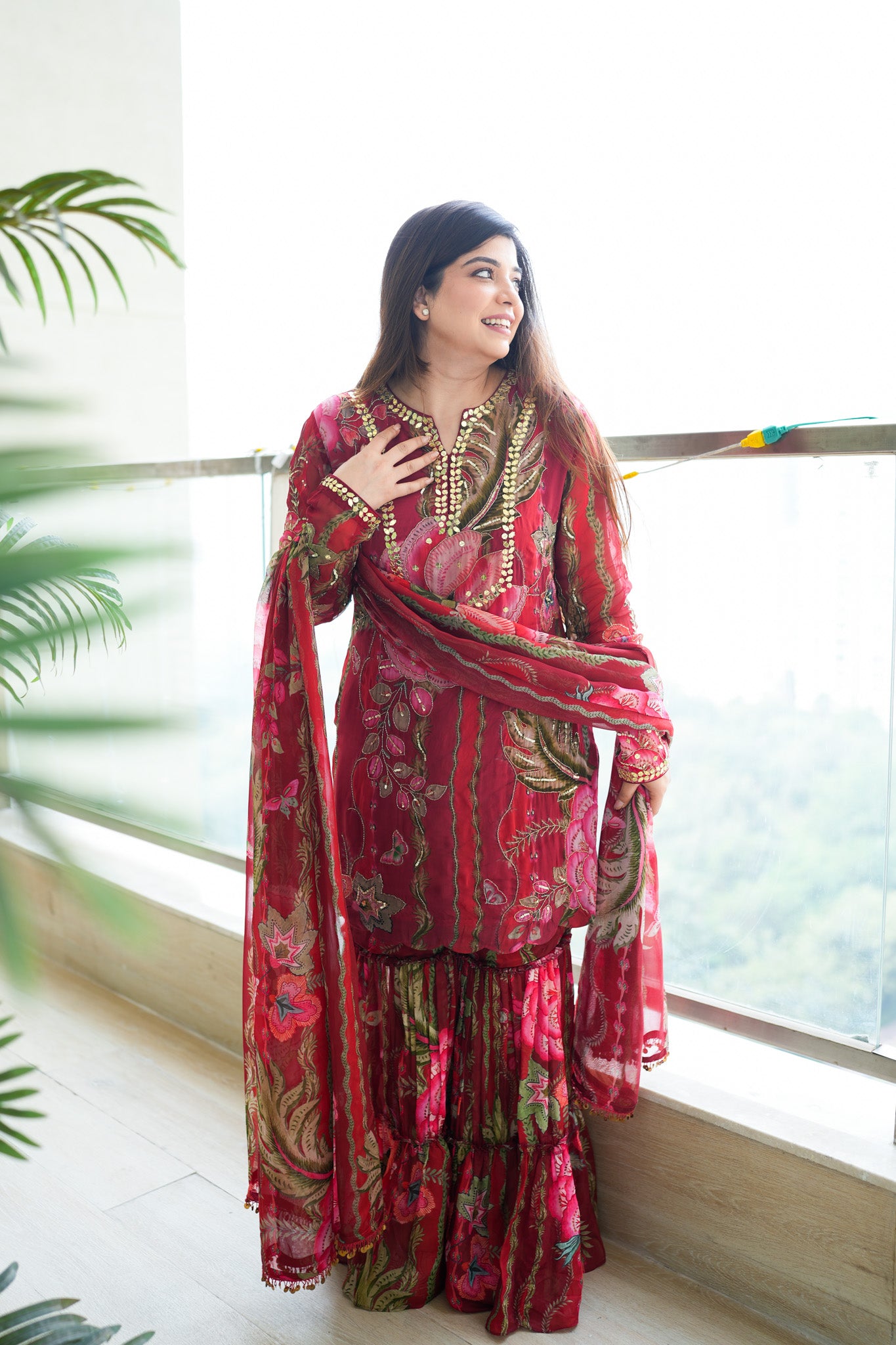 Jeha Red Floral Print Sharara Set