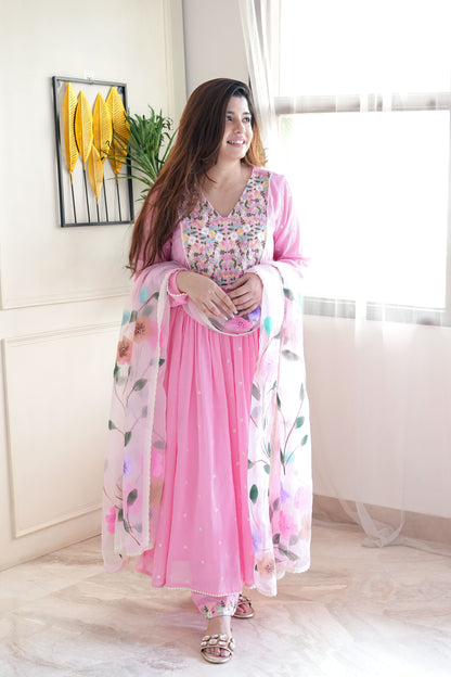 Niza Pink Embroidered Anarkali Suit Set