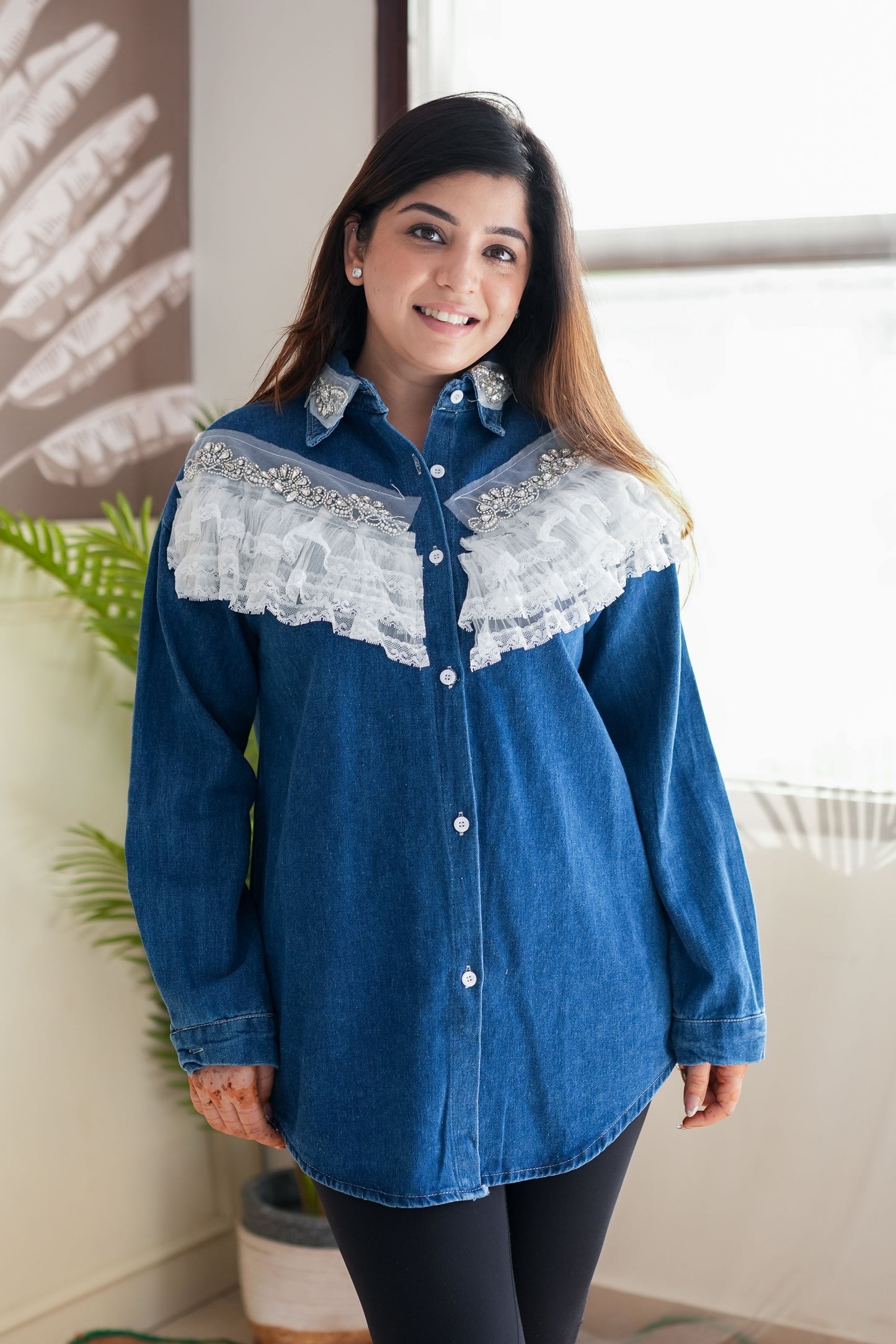 Luxe Denim Crystal Embellished Shirt