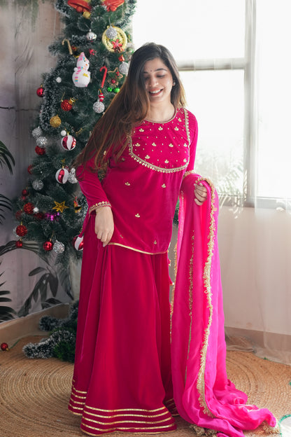 Raeth Pink Velvet Short Shirt Lehenga