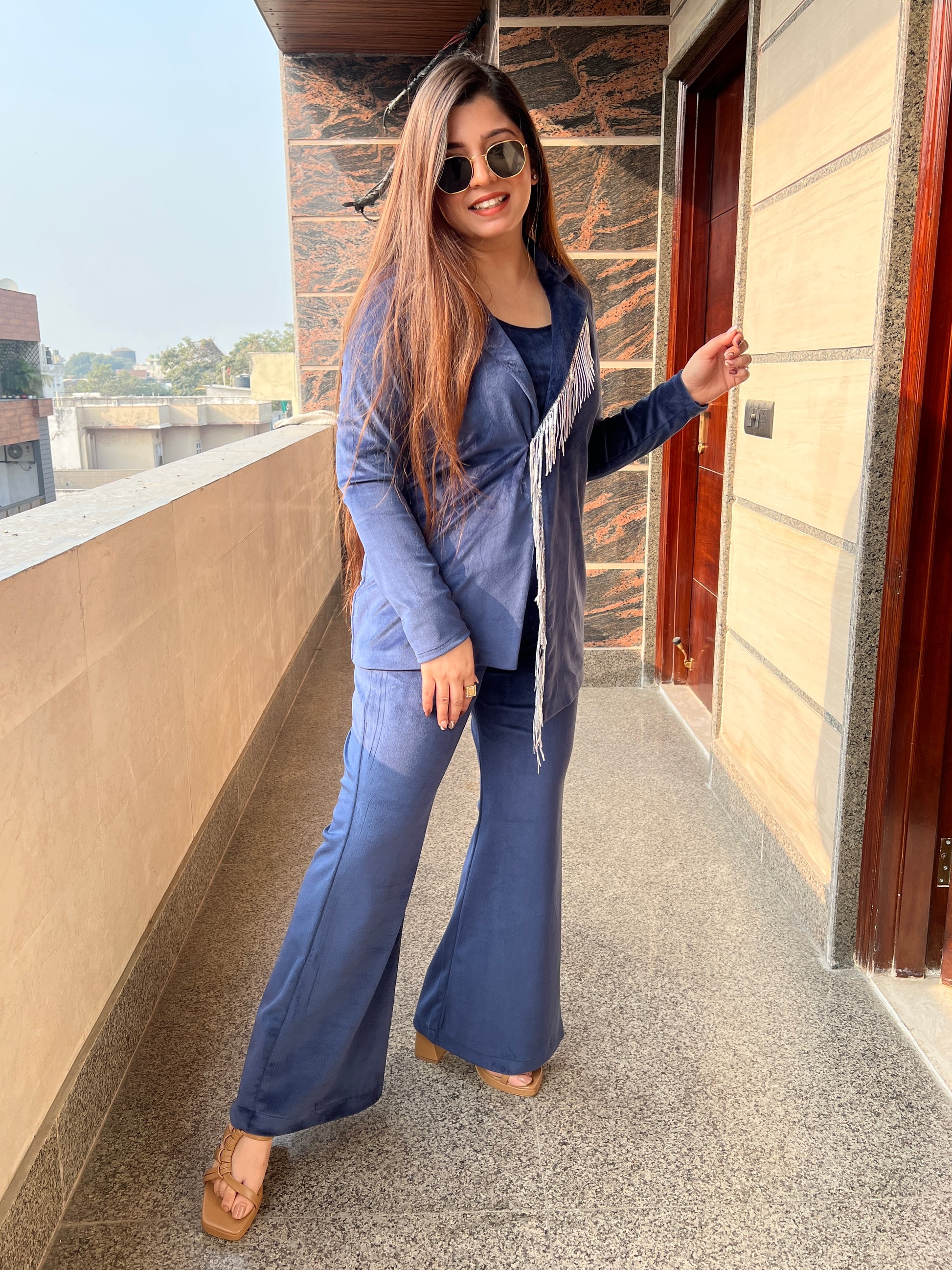 Renne Blue Velvet Three Piece Set