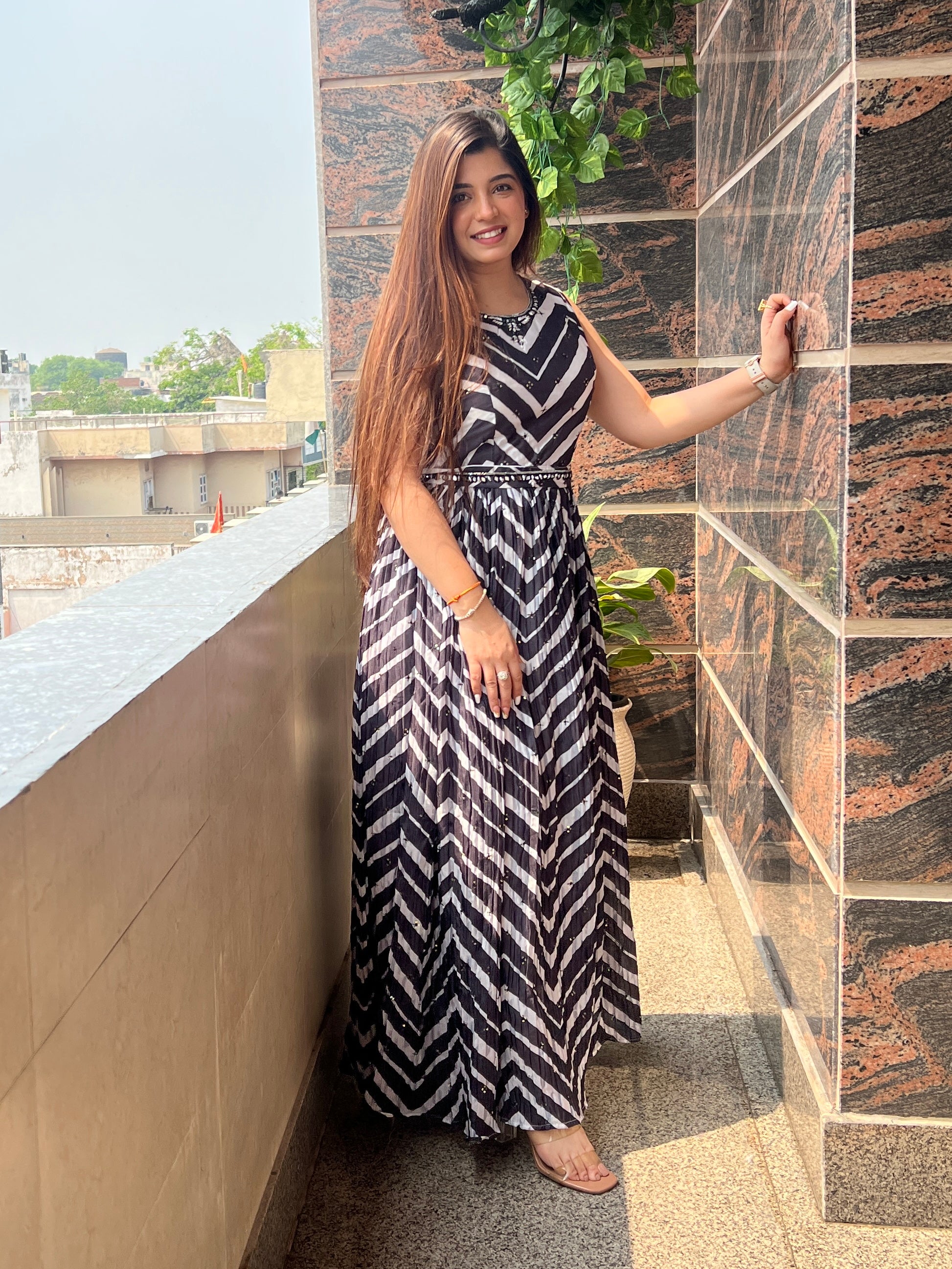 Midha Black And White Stripes Maxi With Belt