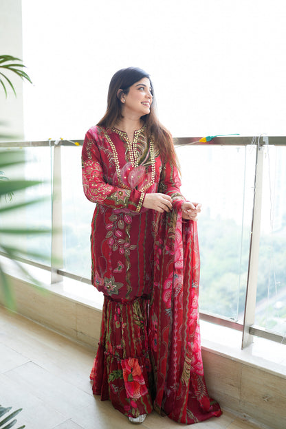 Jeha Red Floral Print Sharara Set