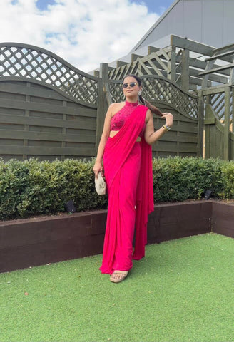 Syraa Red Embroidred Halter Neck Drape Saree