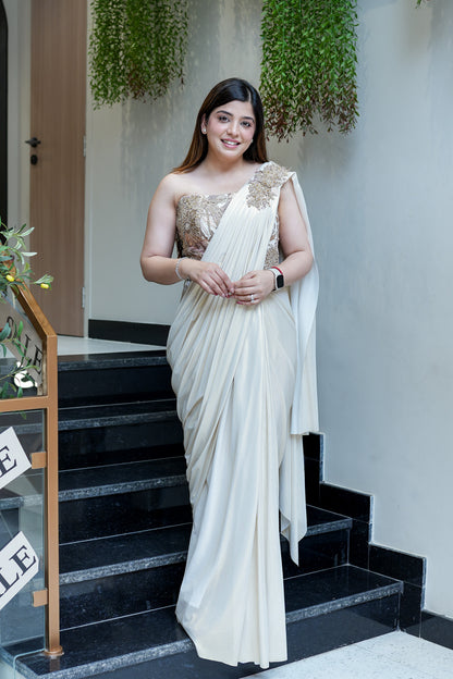 Kamra Champagne Cordset Drape Saree