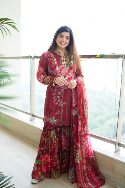 Jeha Red Floral Print Sharara Set