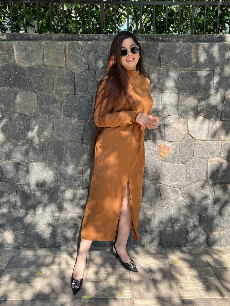 Fall Tan Front Slit Suede Dress – LaGlits