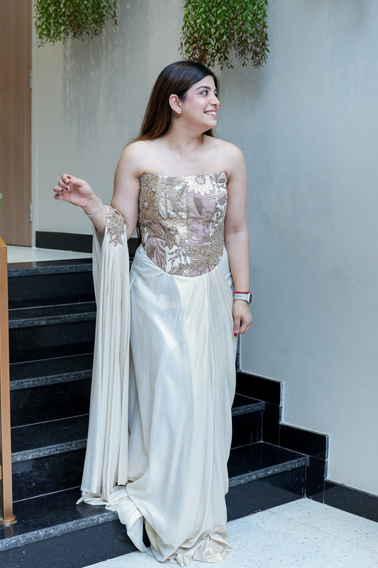 Kamra Champagne Cordset Drape Saree