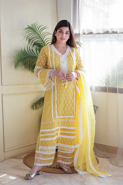 Feza Yellow Schiffli Suit Set