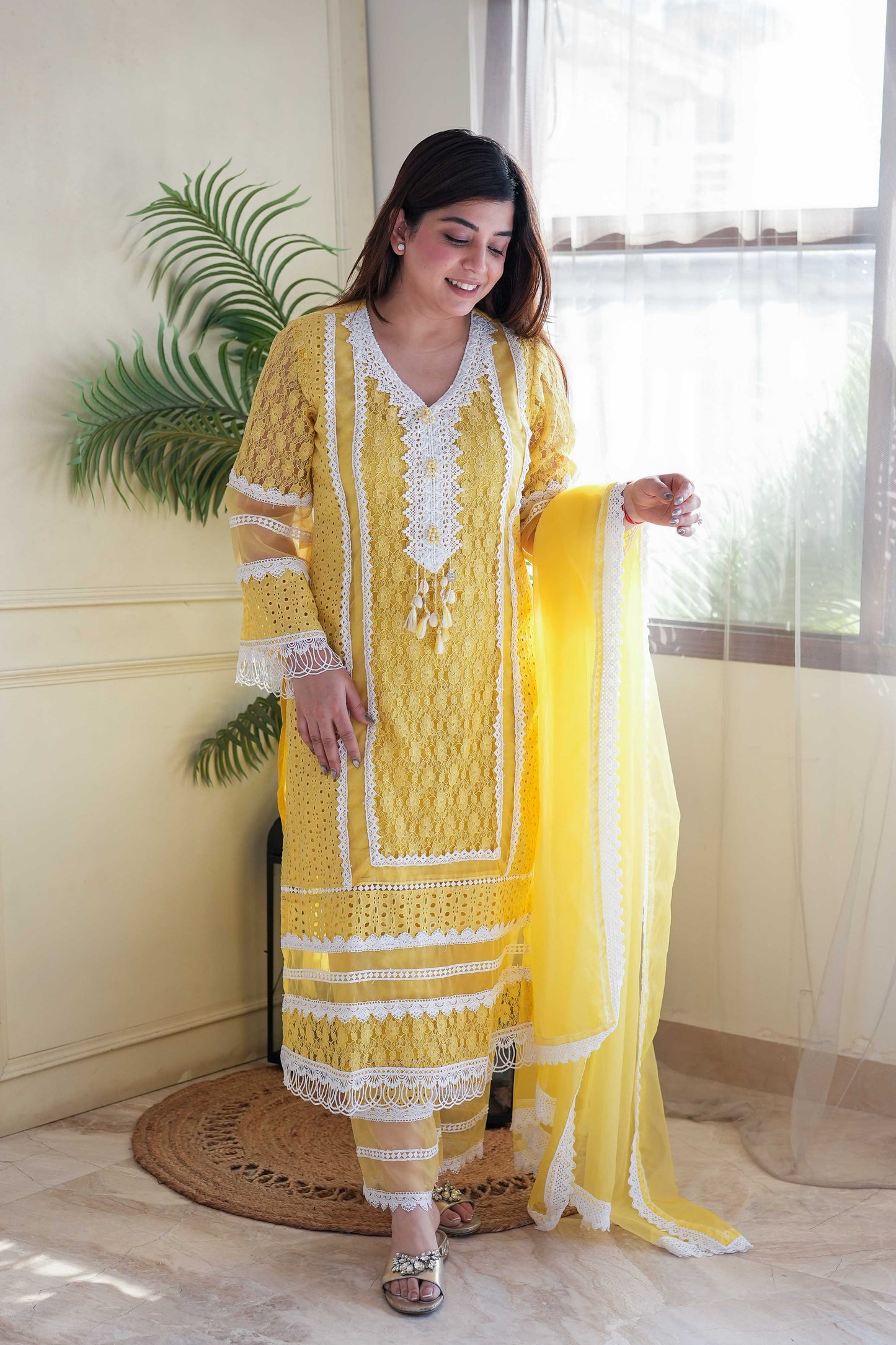 Feza Yellow Schiffli Suit Set