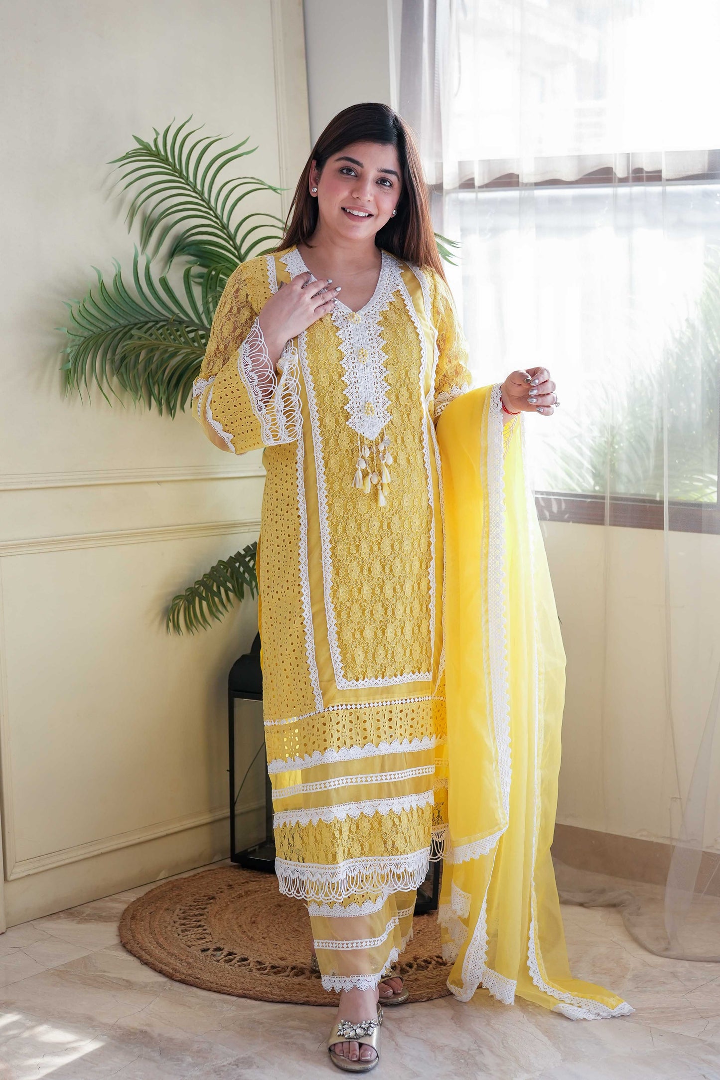 Feza Yellow Schiffli Suit Set