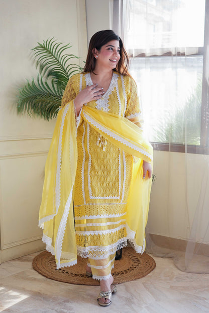 Feza Yellow Schiffli Suit Set