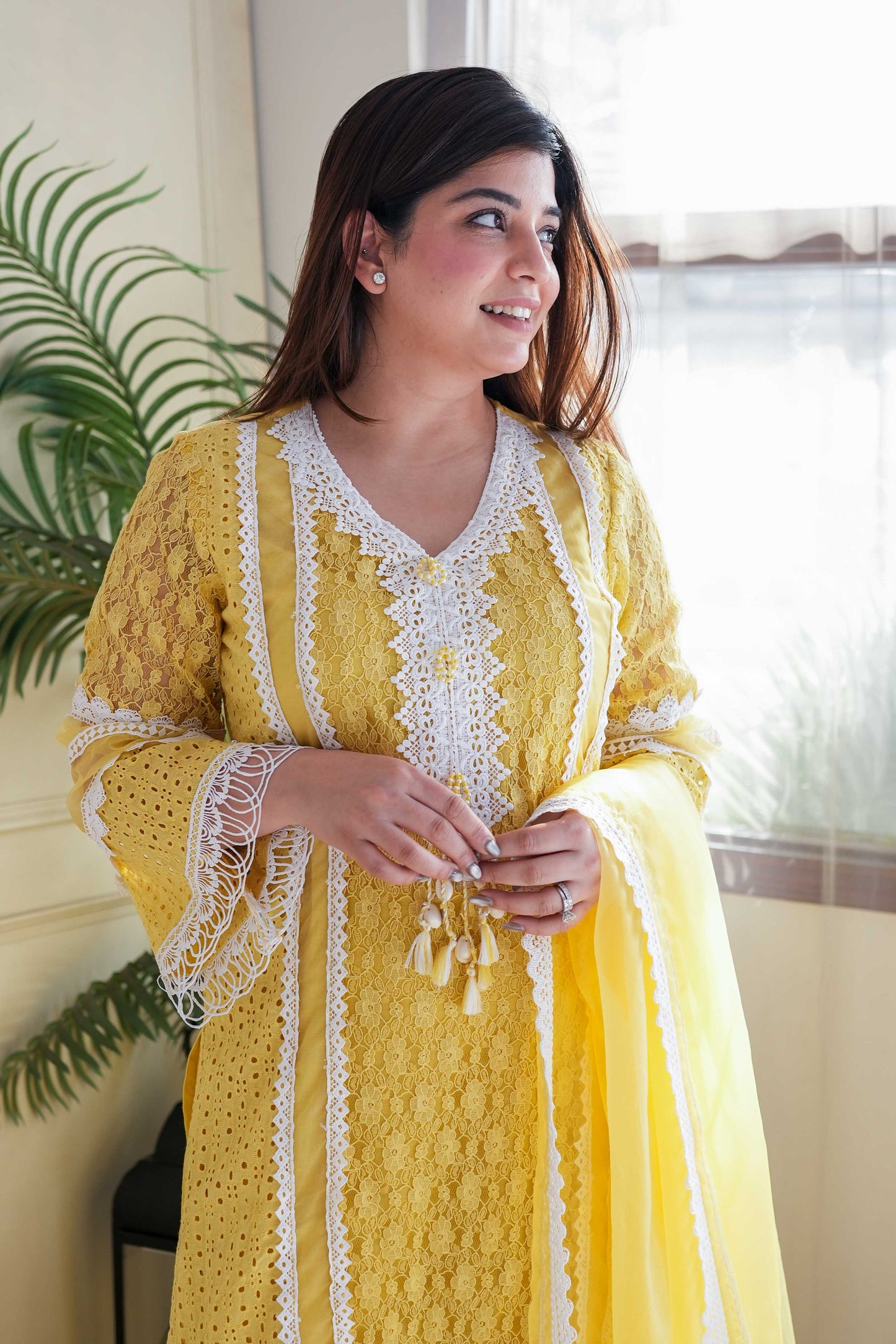 Feza Yellow Schiffli Suit Set