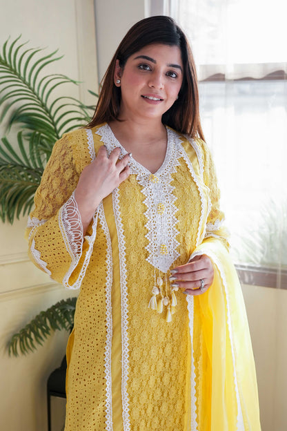 Feza Yellow Schiffli Suit Set