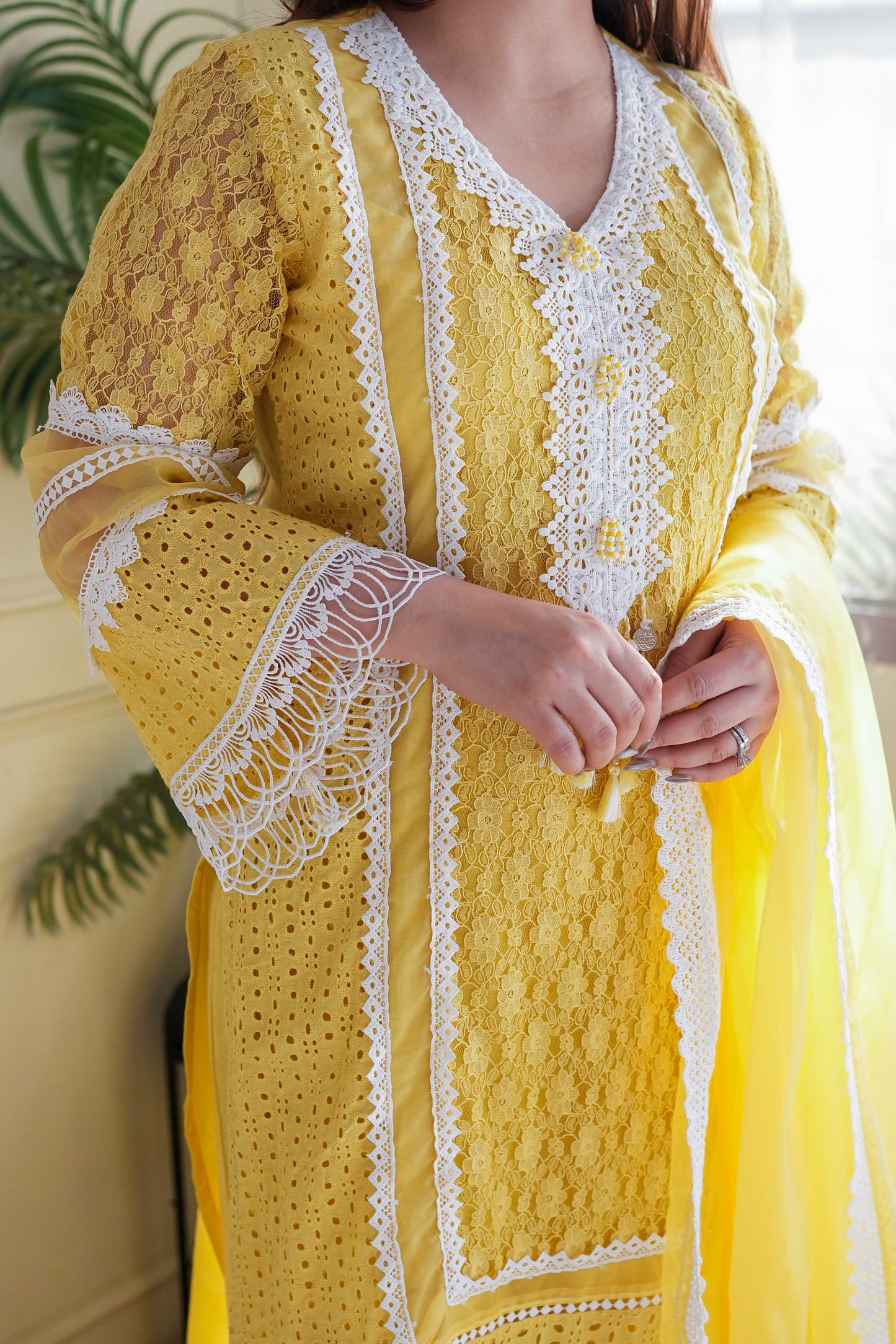 Feza Yellow Schiffli Suit Set