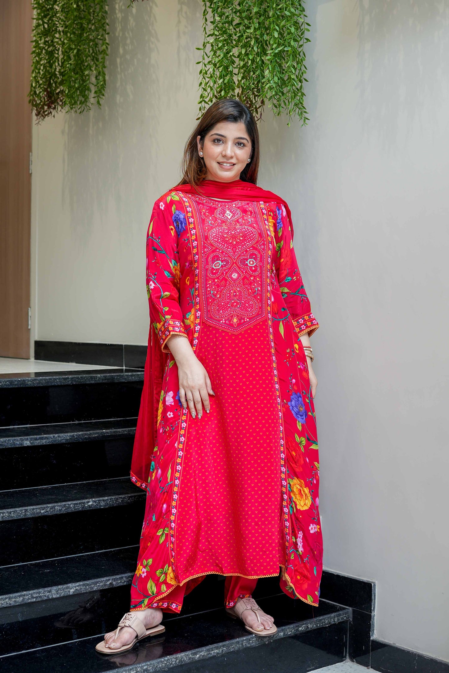 Sadia Red Floral Print Suit Set