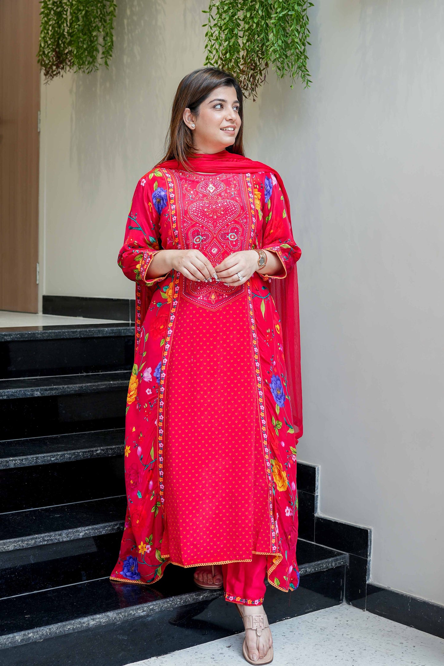 Sadia Red Floral Print Suit Set