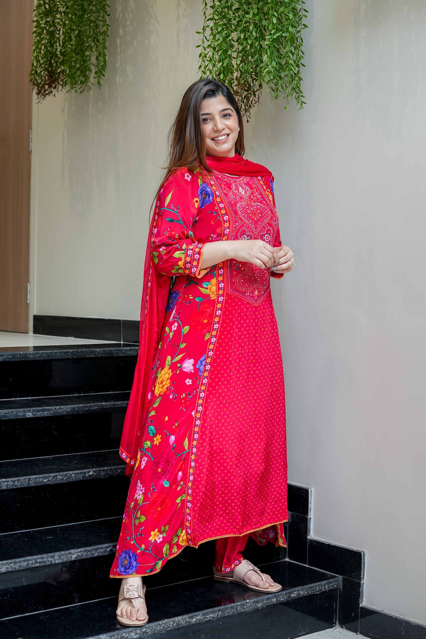 Sadia Red Floral Print Suit Set