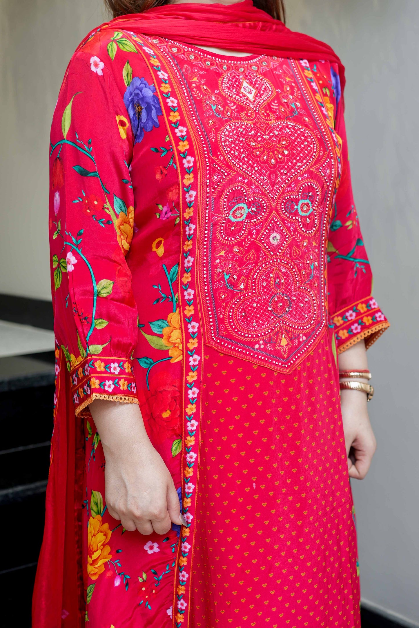 Sadia Red Floral Print Suit Set