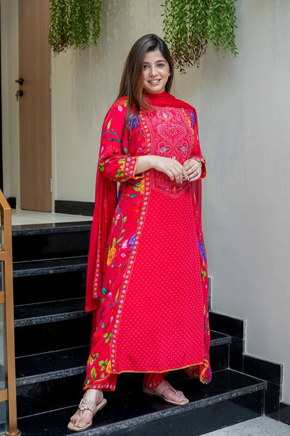 Sadia Red Floral Print Suit Set