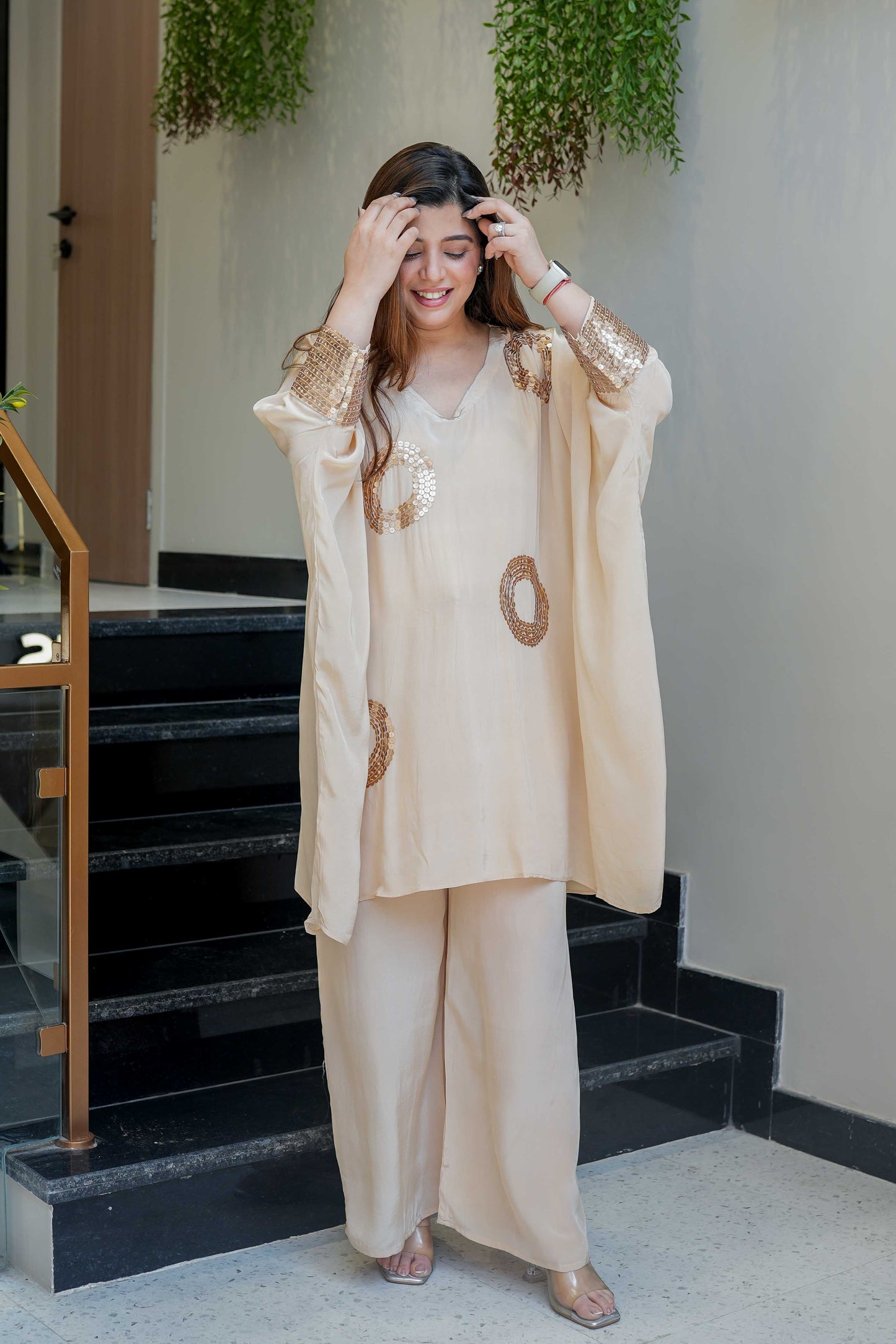 Shafa Beige Sequins Detailing Co ord Sets