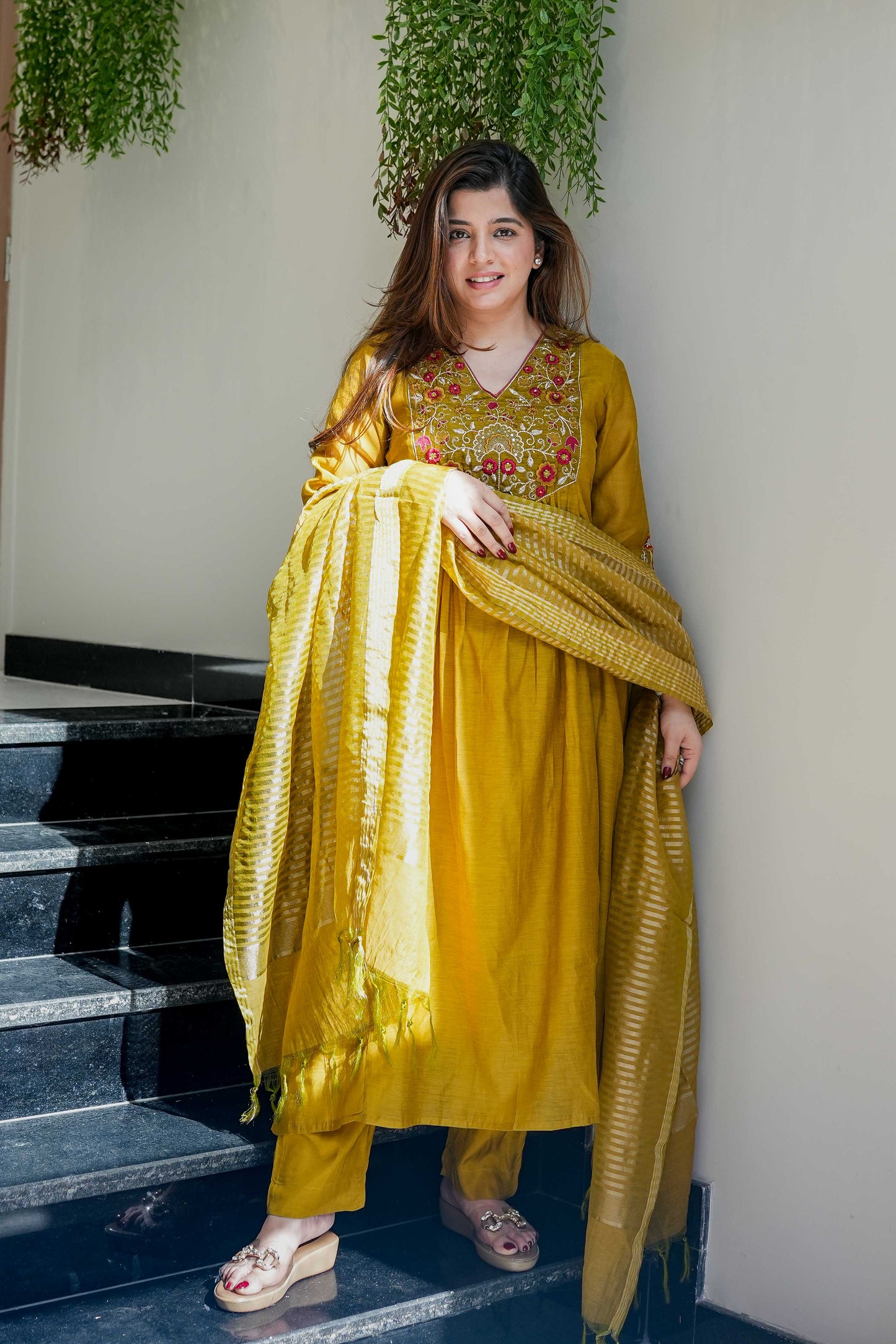 Resham Yellow Thread Embroidered Anarkali Suit Set