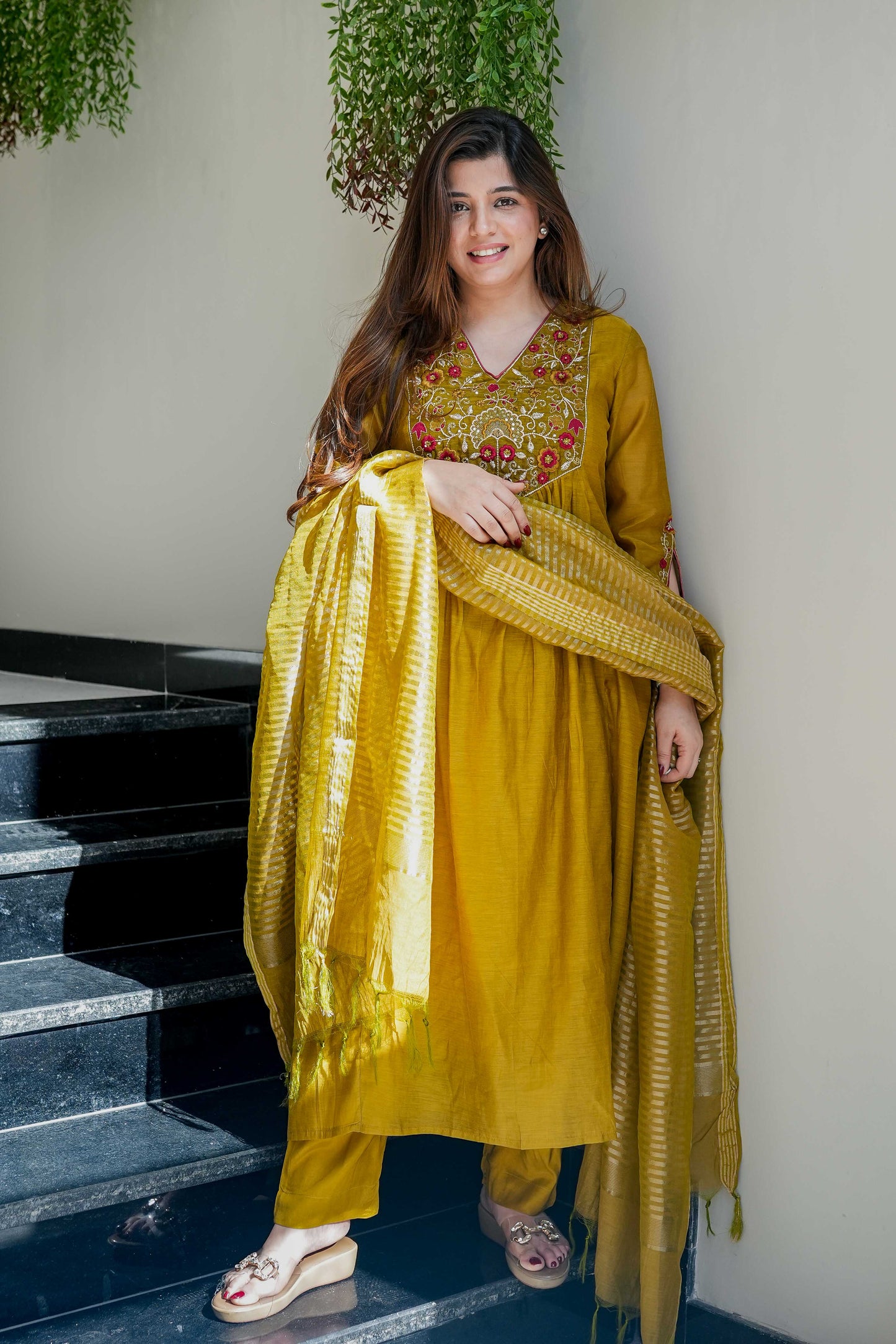 Resham Yellow Thread Embroidered Anarkali Suit Set