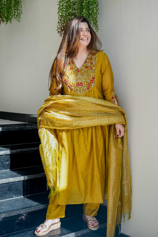 Resham Yellow Thread Embroidered Anarkali Suit Set