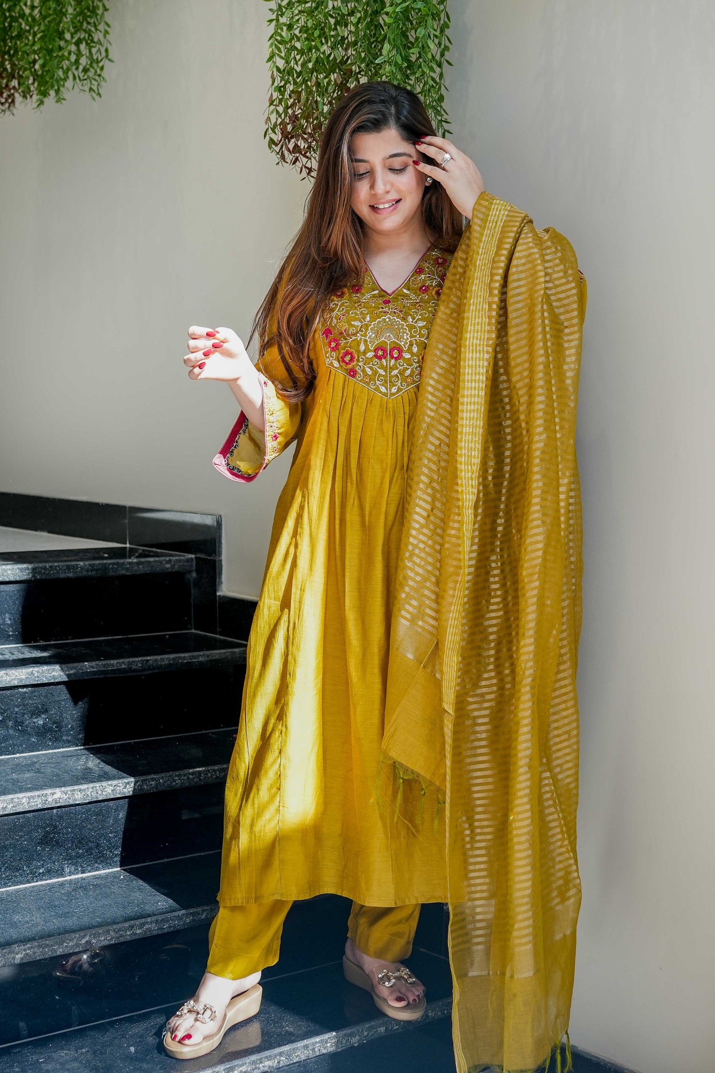 Resham Yellow Thread Embroidered Anarkali Suit Set