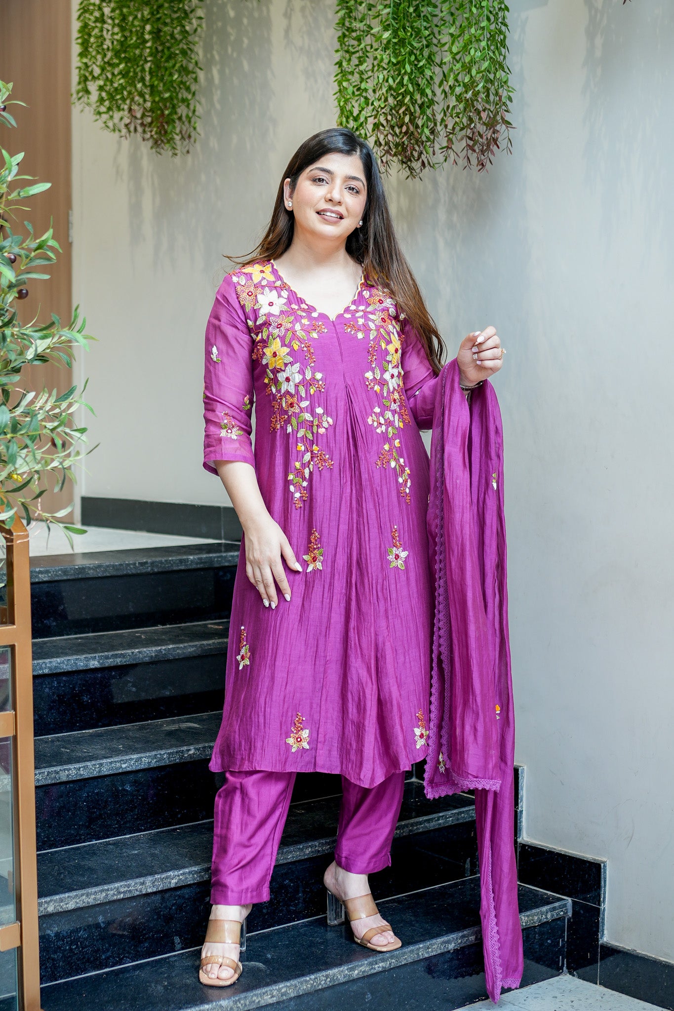 Rama Embroidered Short Anarkali Set