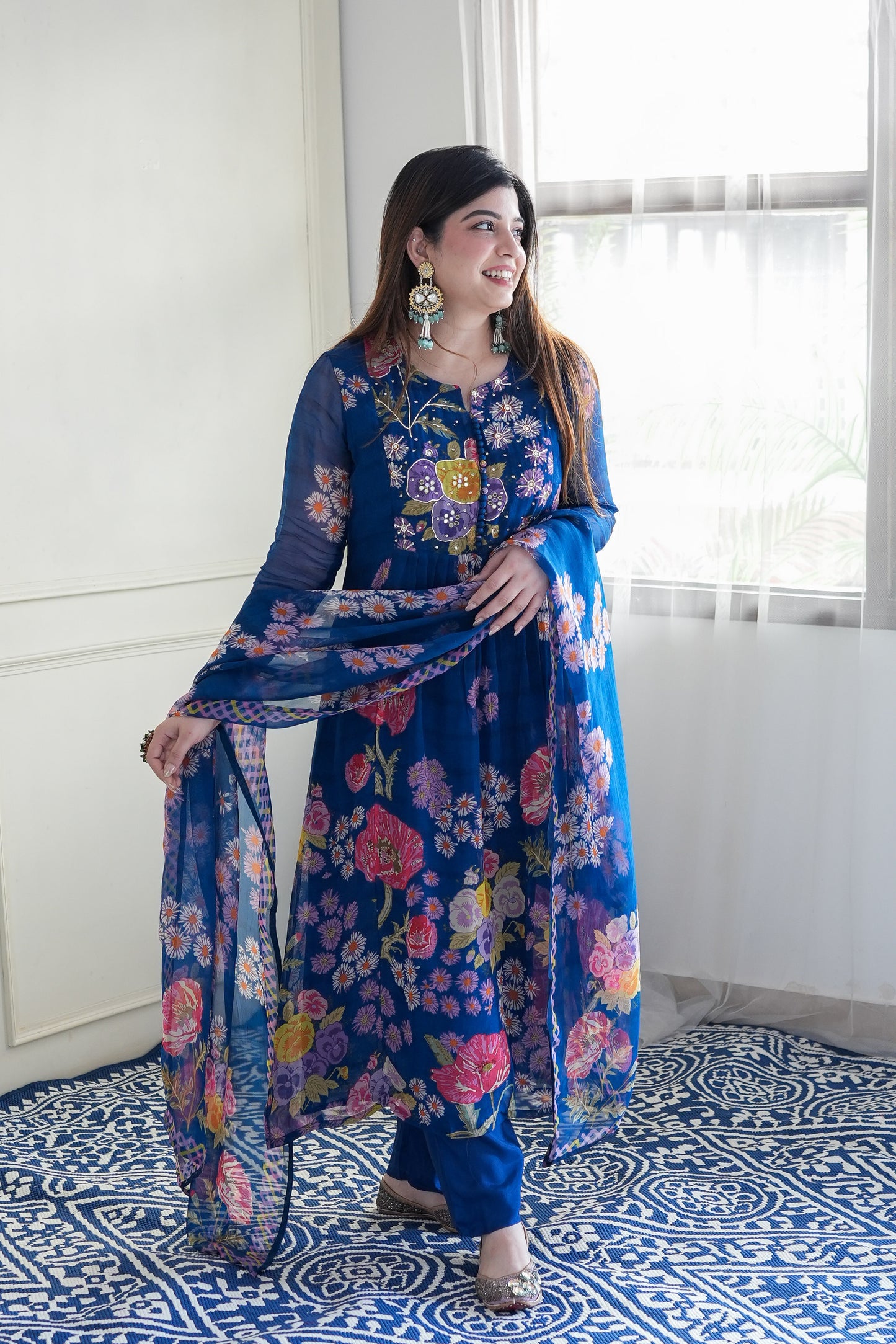 Ryna Blue Floral Printed Anarkali Suit Set