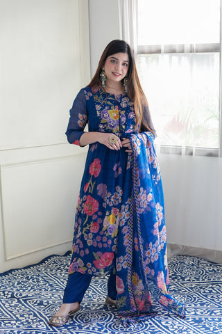 Ryna Blue Floral Printed Anarkali Suit Set