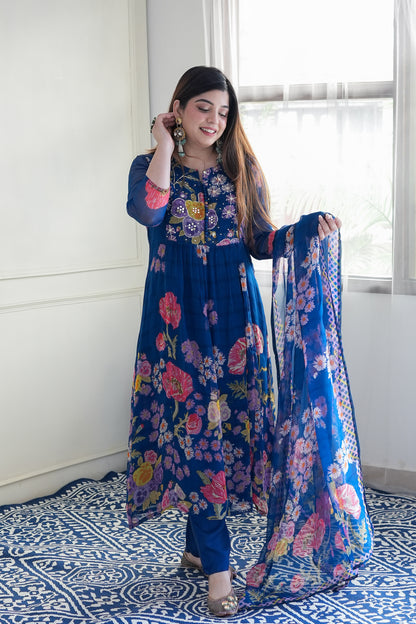 Ryna Blue Floral Printed Anarkali Suit Set