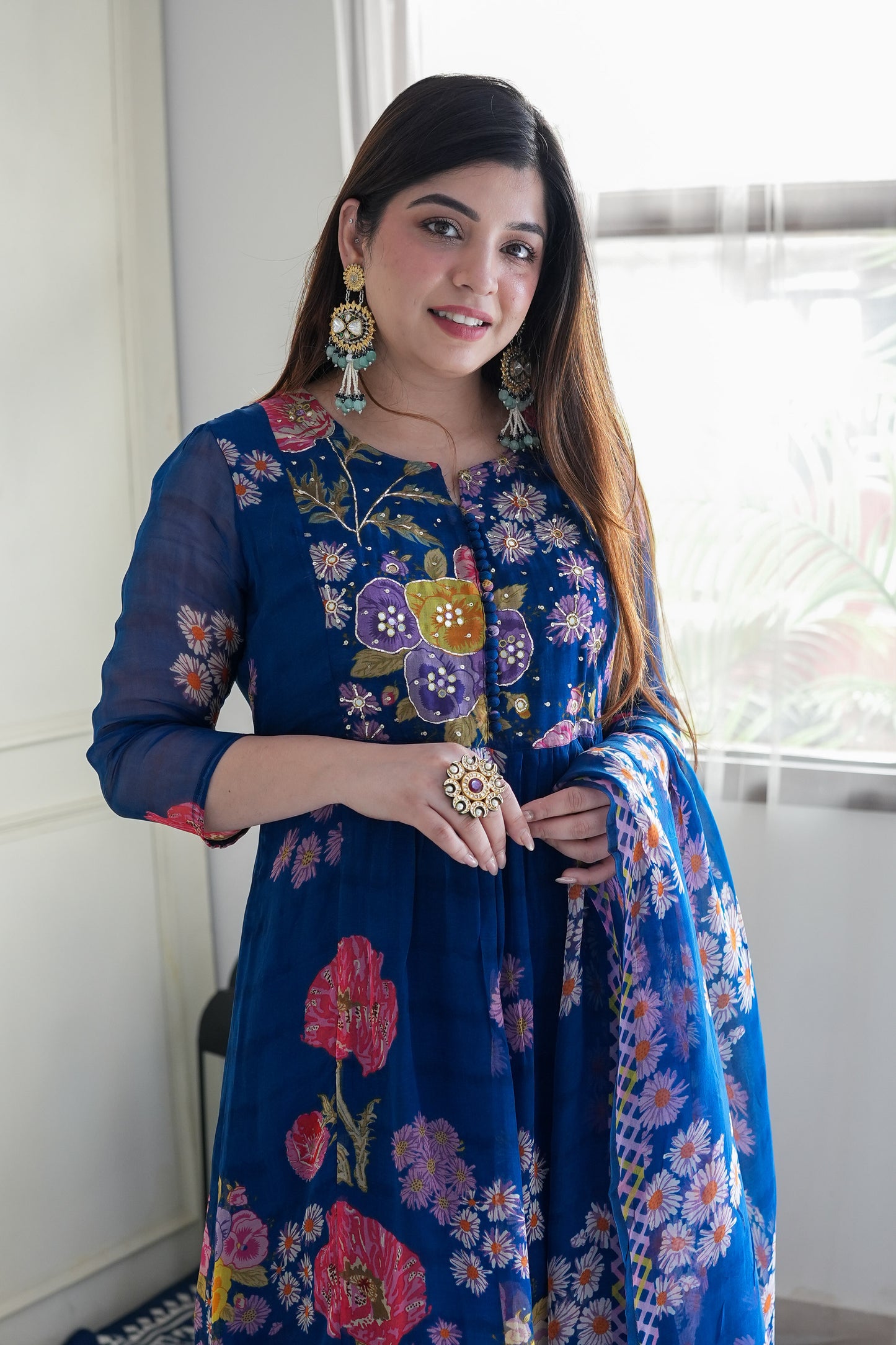 Ryna Blue Floral Printed Anarkali Suit Set