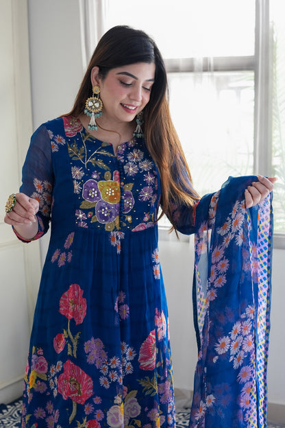 Ryna Blue Floral Printed Anarkali Suit Set