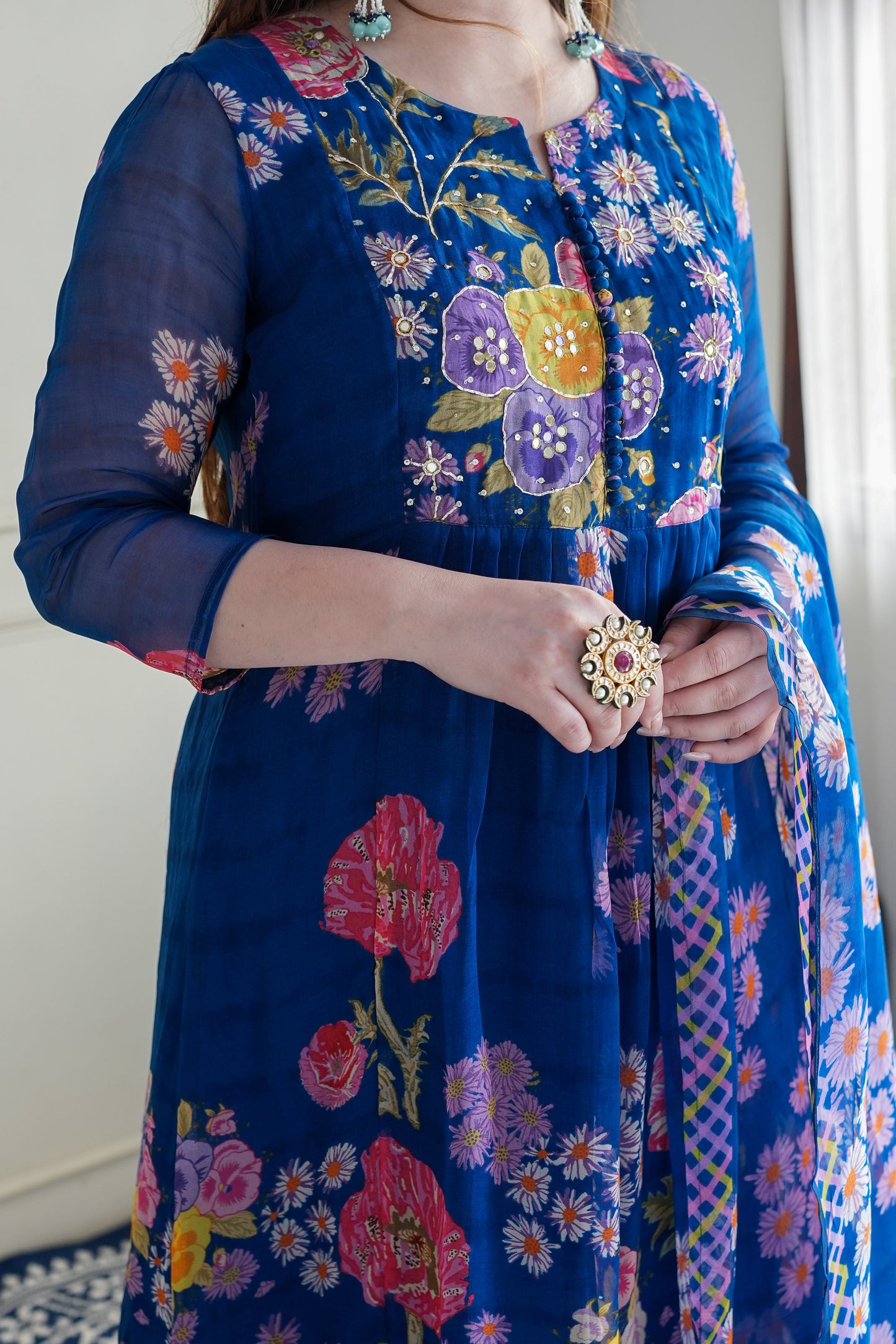 Ryna Blue Floral Printed Anarkali Suit Set