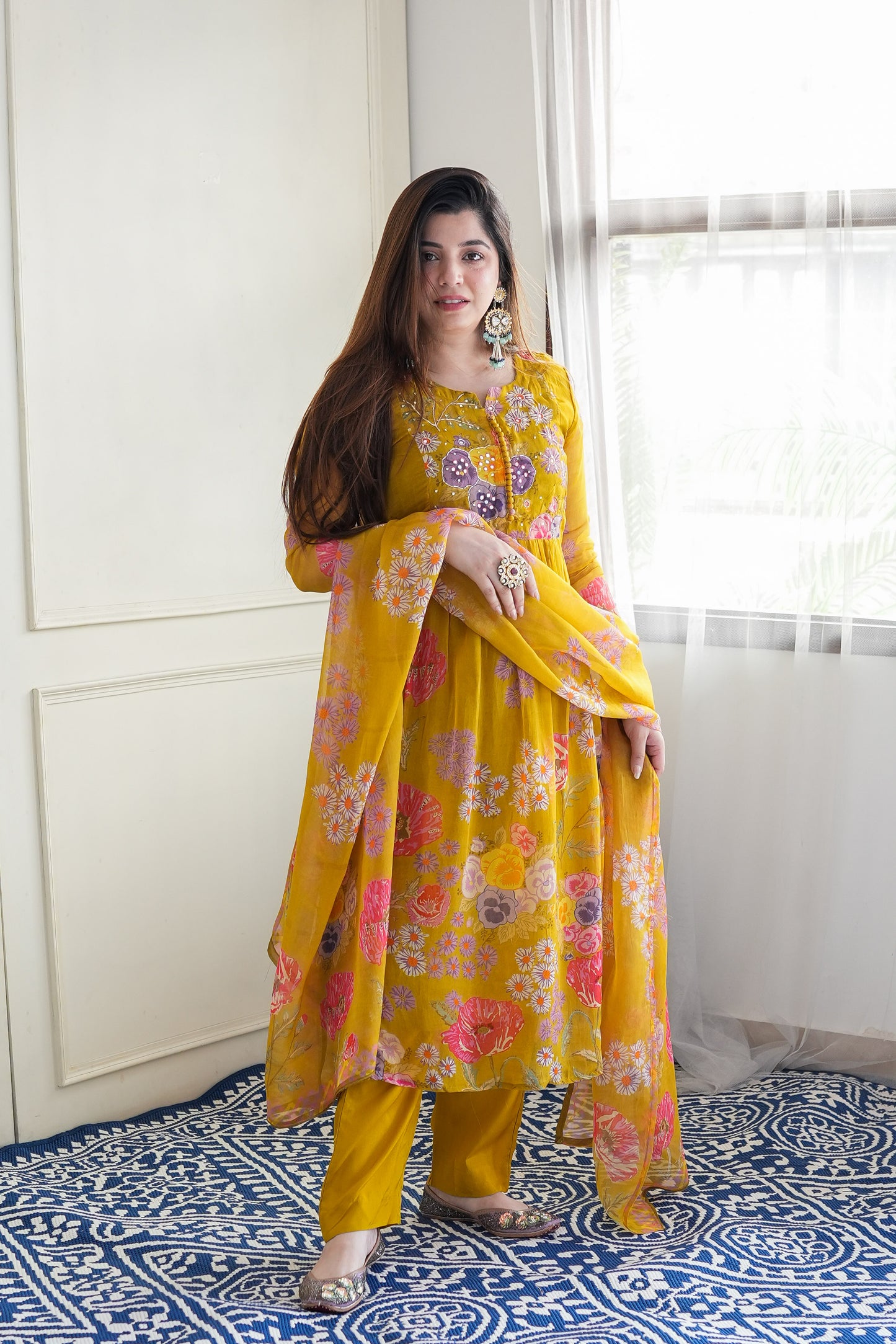 Ryna Mustard Floral Printed Anarkali Suit Set