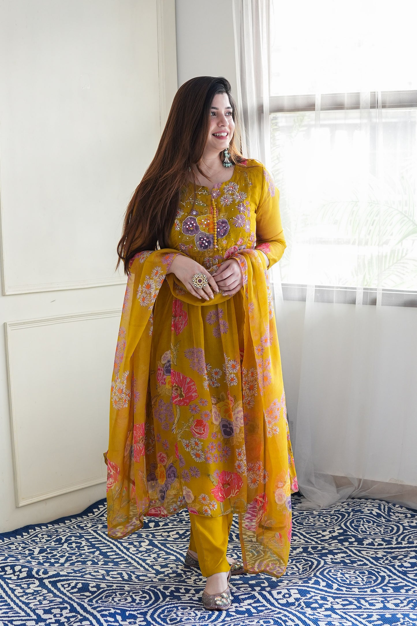 Ryna Mustard Floral Printed Anarkali Suit Set