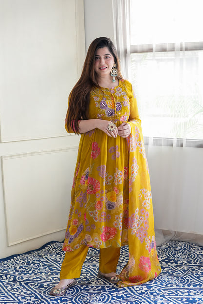 Ryna Mustard Floral Printed Anarkali Suit Set