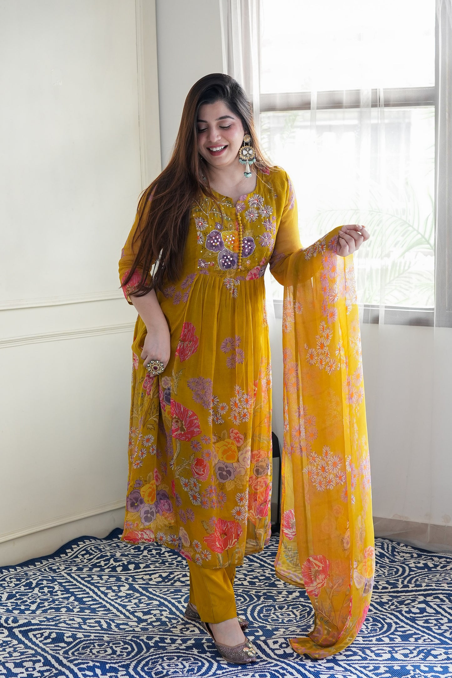 Ryna Mustard Floral Printed Anarkali Suit Set