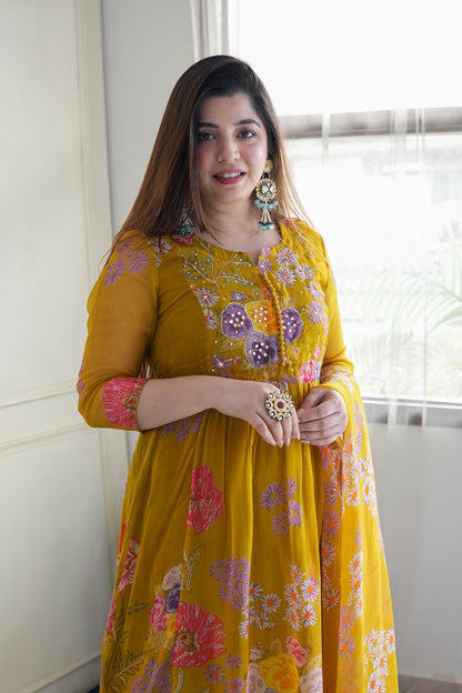 Ryna Mustard Floral Printed Anarkali Suit Set