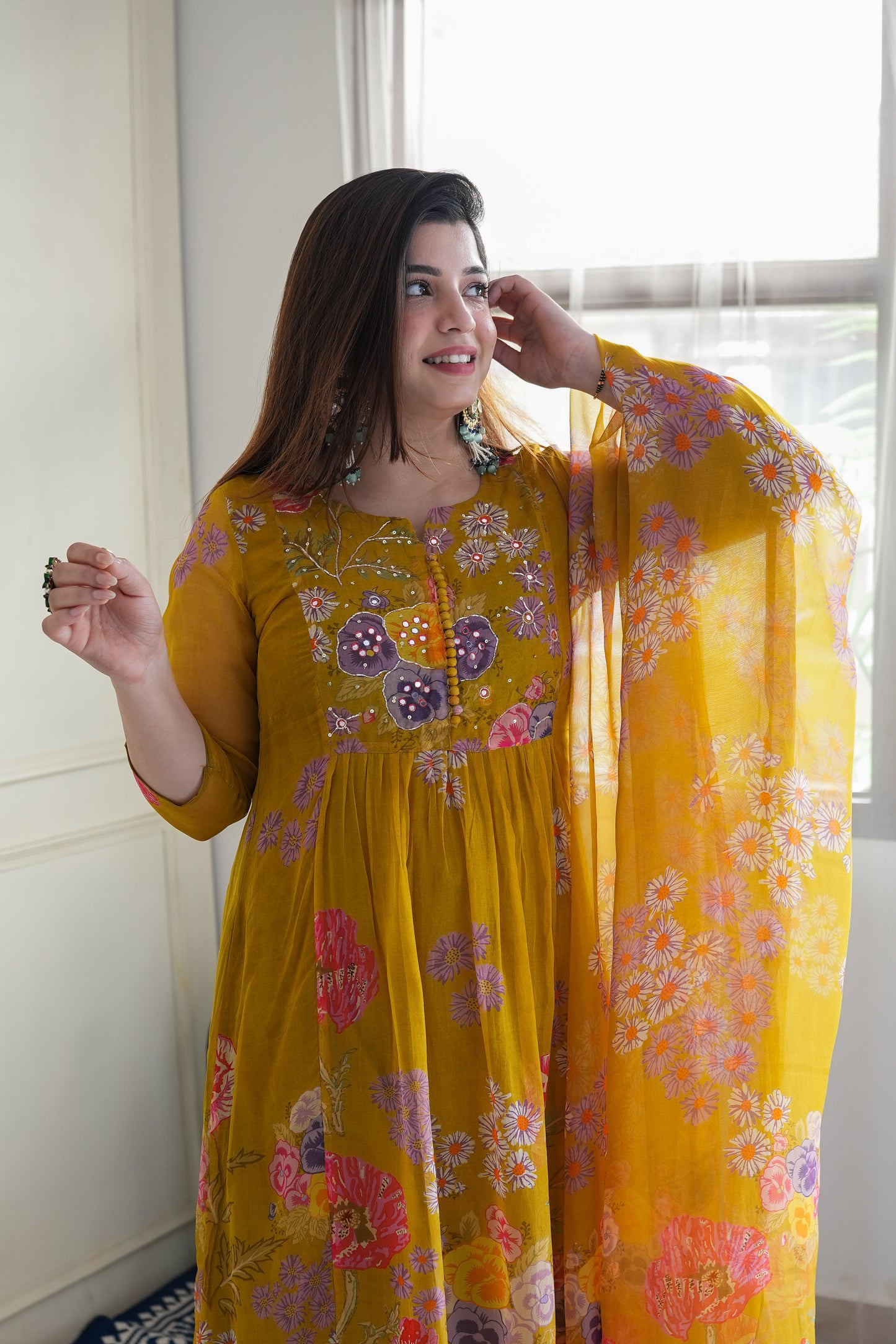 Ryna Mustard Floral Printed Anarkali Suit Set