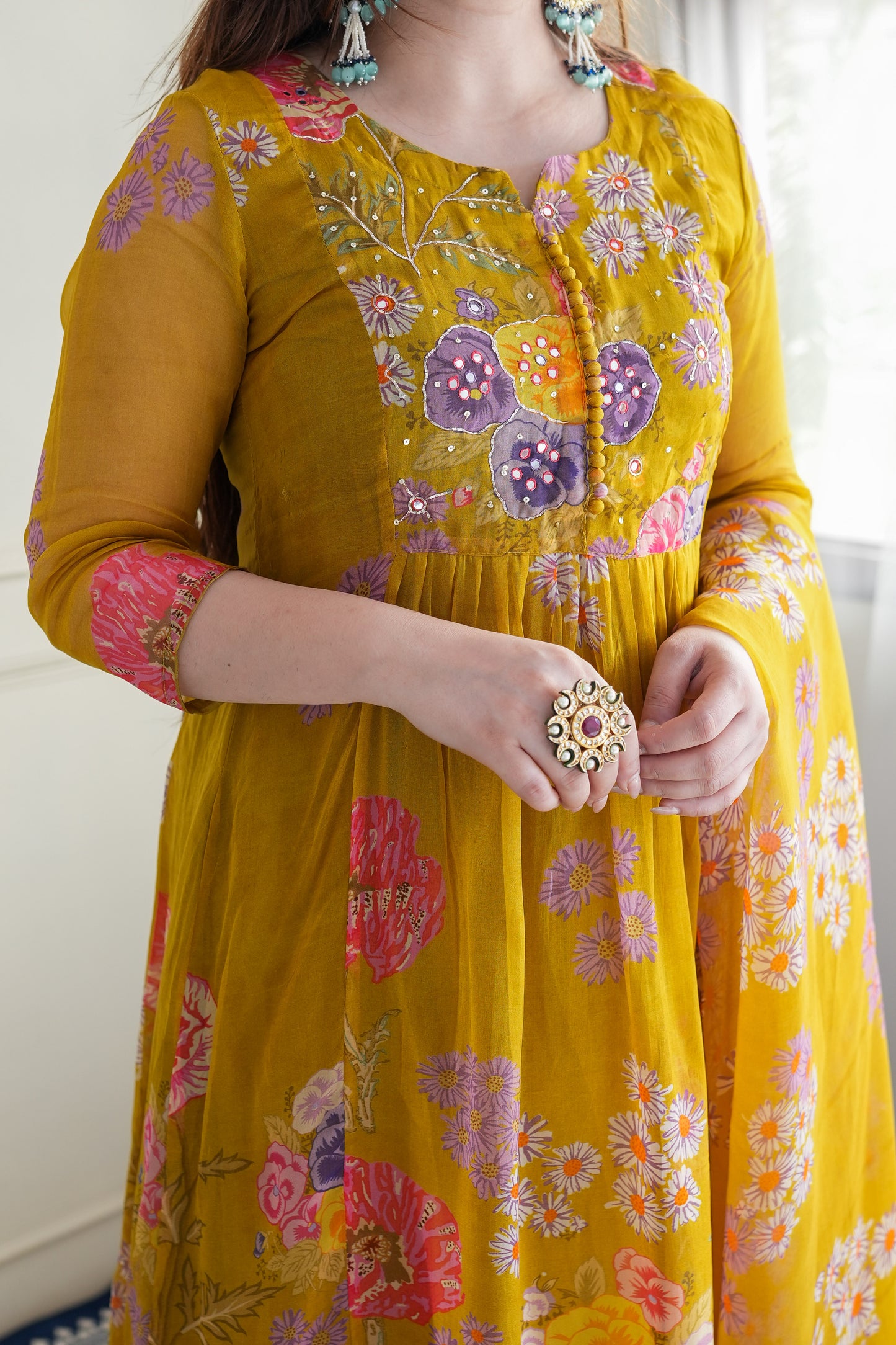 Ryna Mustard Floral Printed Anarkali Suit Set