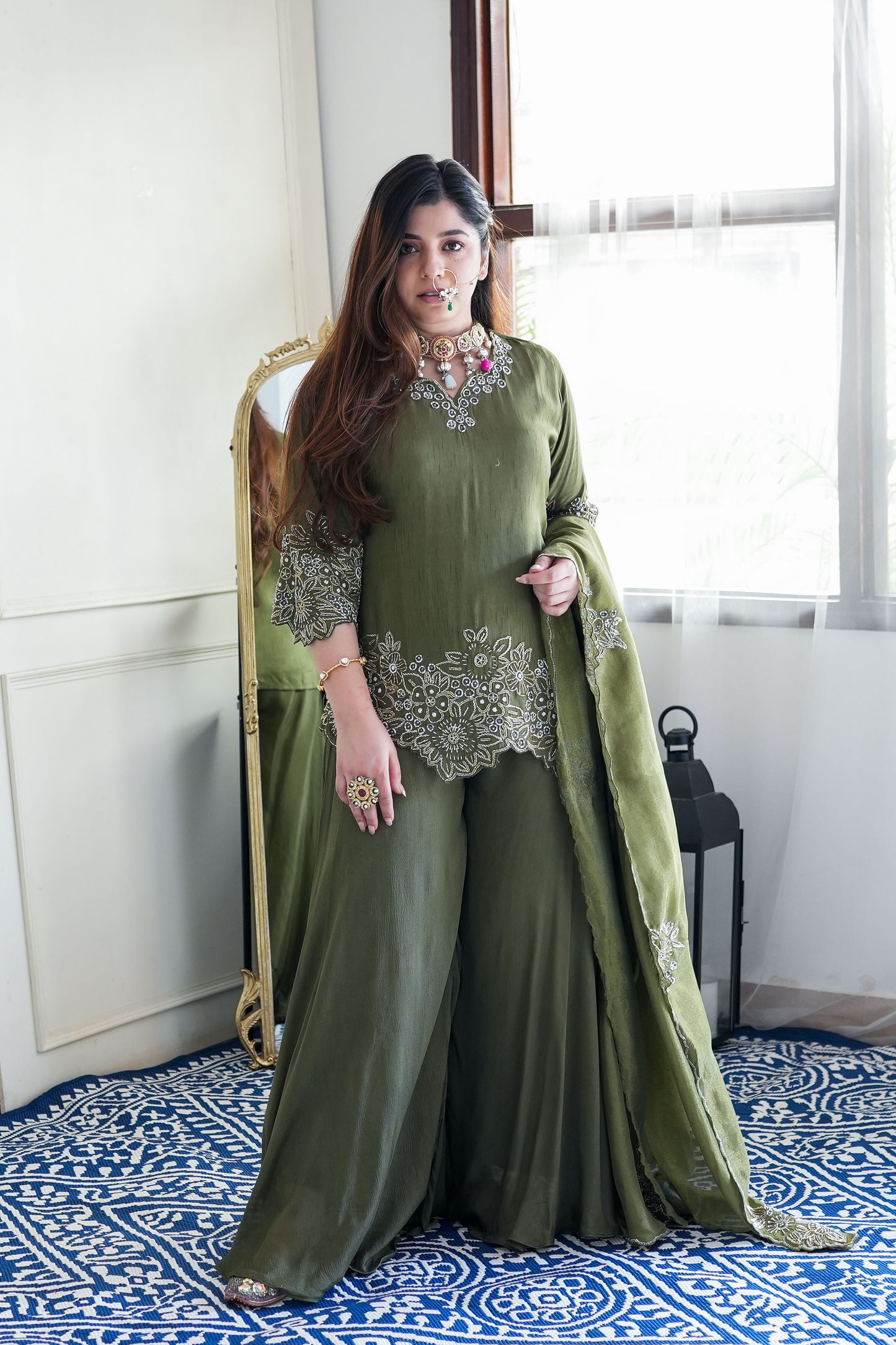 Sufi Olive Green Embroidered Garara Set