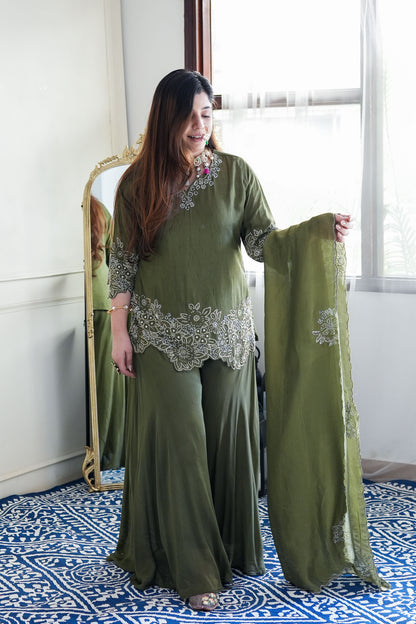 Sufi Olive Green Embroidered Garara Set